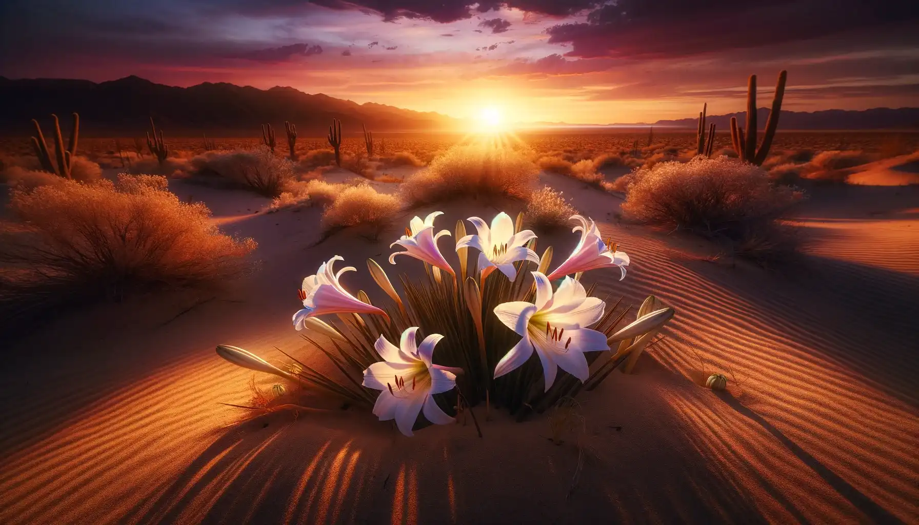 A picture of desert lilies in the desert during sunset