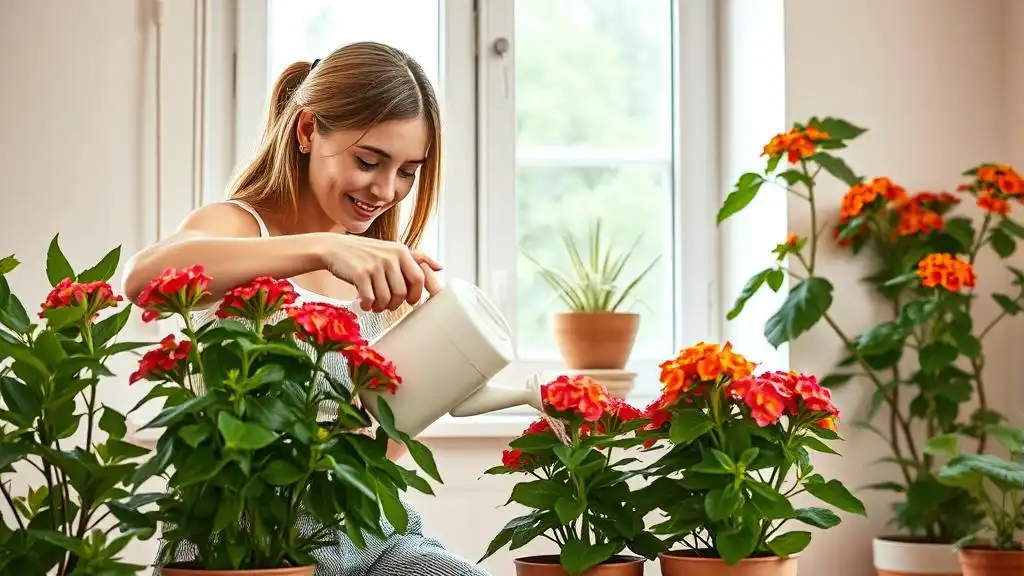 A picture of a young woman watering the potted lantana plants when indoors