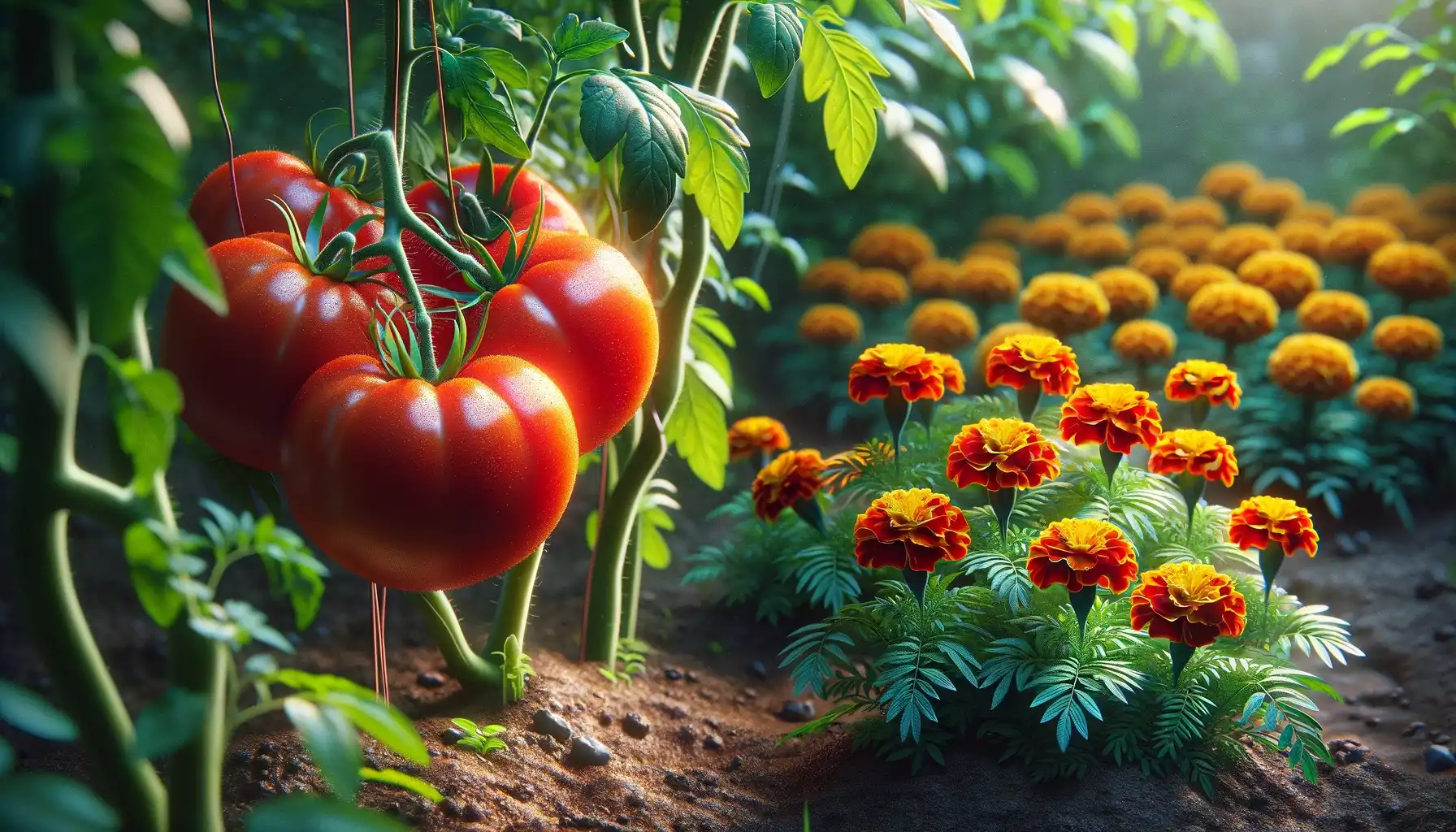 A picture of tomatoes grown next to marigolds