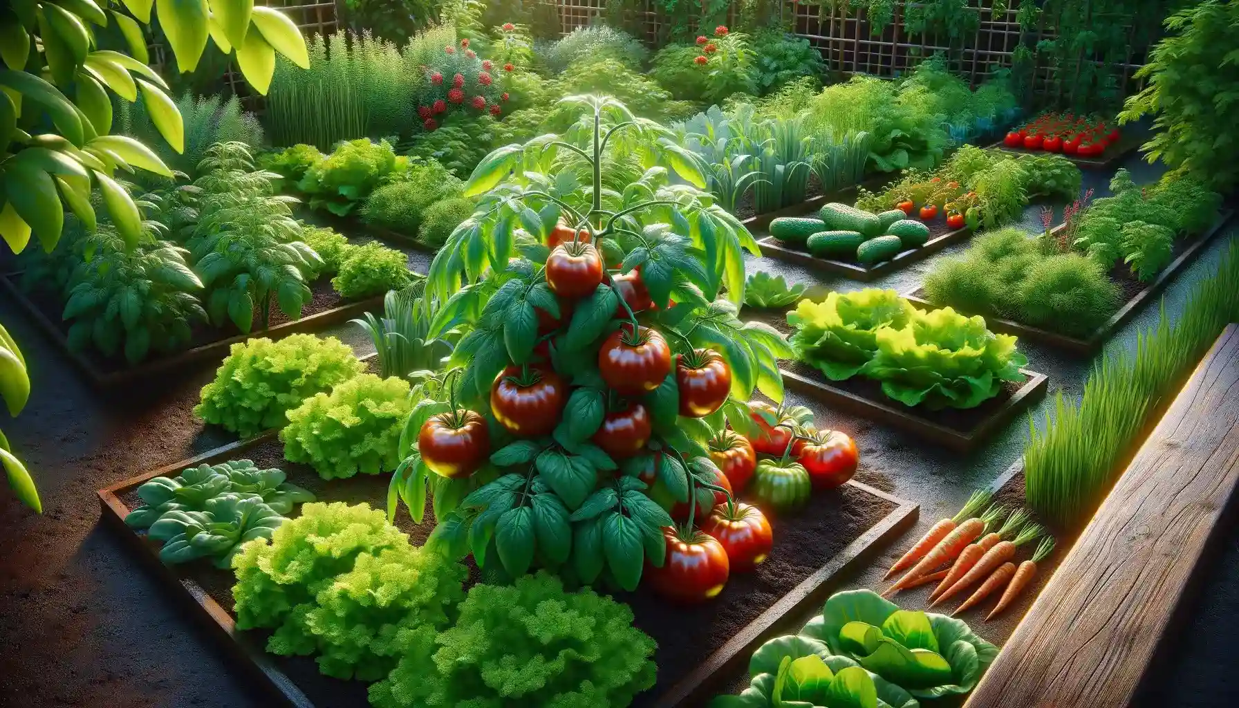 A picture of a thriving vegetable garden with the tomato plants in the center