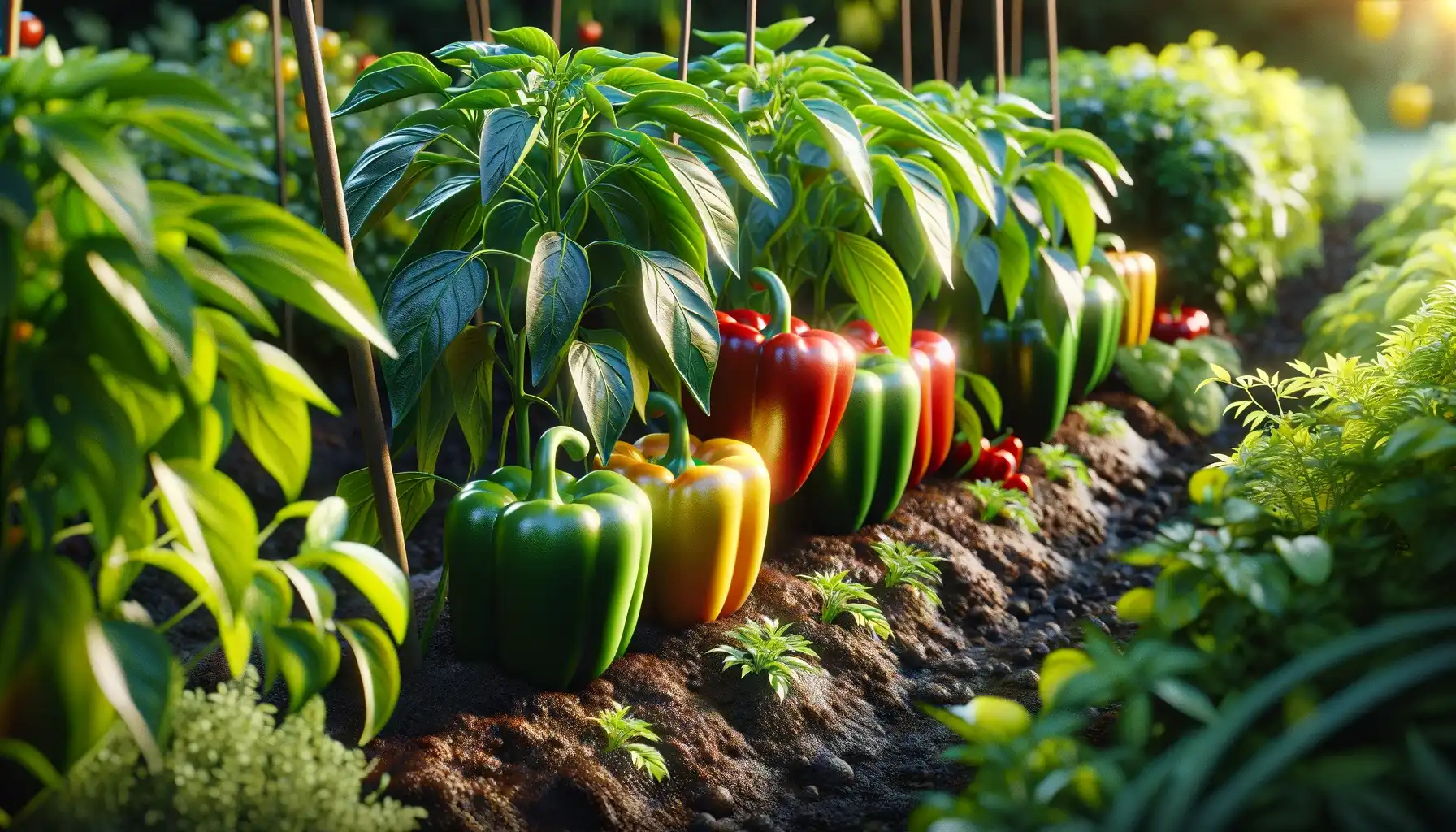 A picture of bell peppers located in the vegetable garden