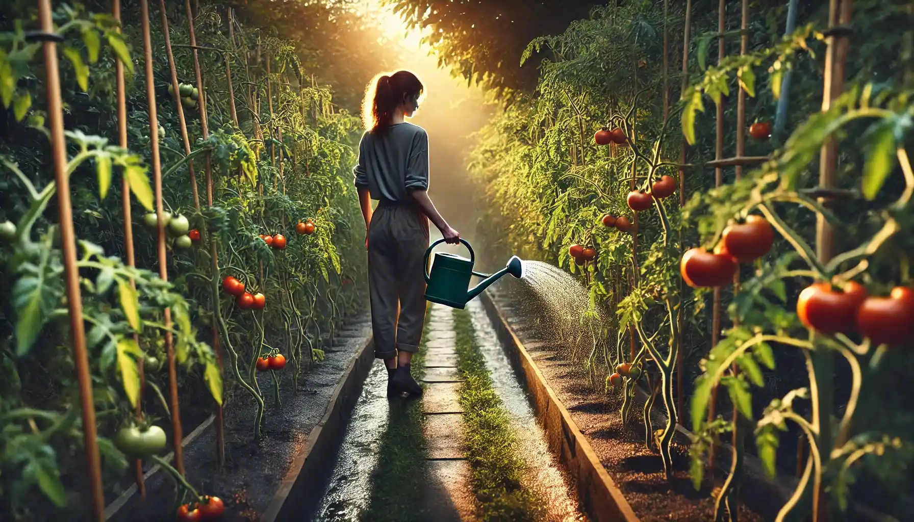 A picture of a woman who is watering tomato plants outdoors