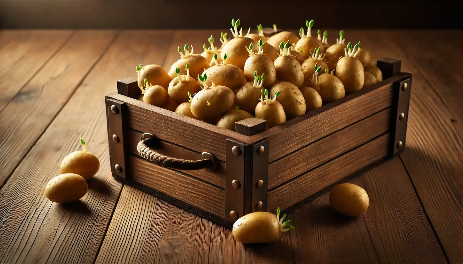 A close-up picture of sprouted potatoes in the box