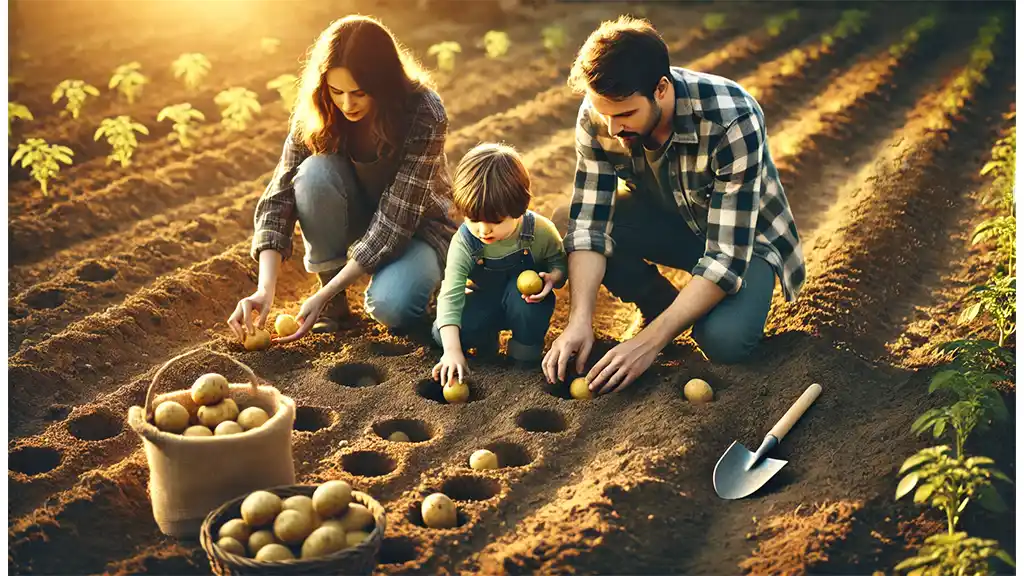 A picture of a family working on the vegetable patch and creating planting rows