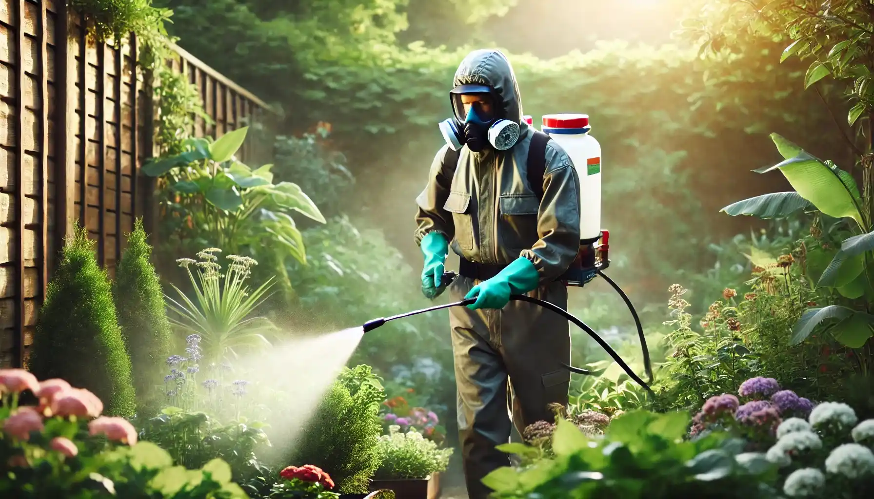 A picture of a pest control worker spraying pesticides in a garden