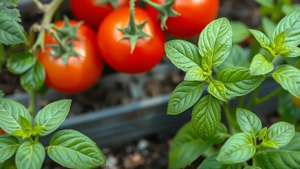 A picture of tomatoes growing close to basil on a vegetable patch