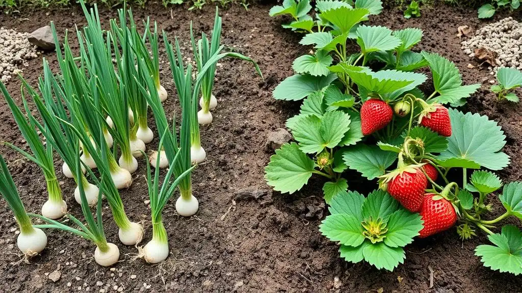 A picture of onions planted near strawberries in the vegetable garden