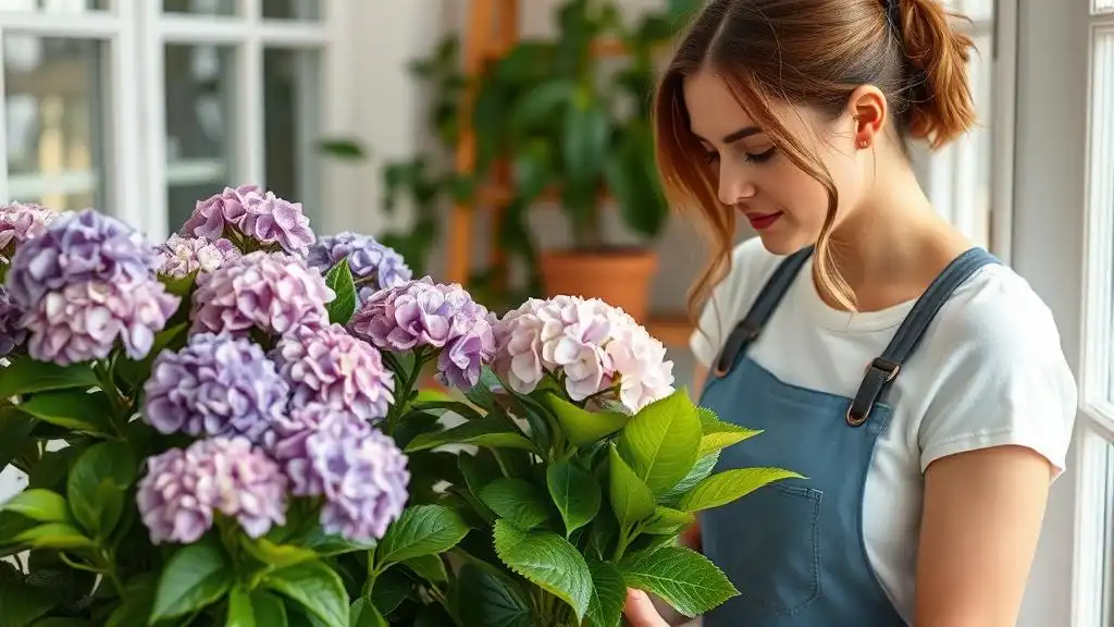 A picture of a young pretty woman taking care of hydrangeas indoors