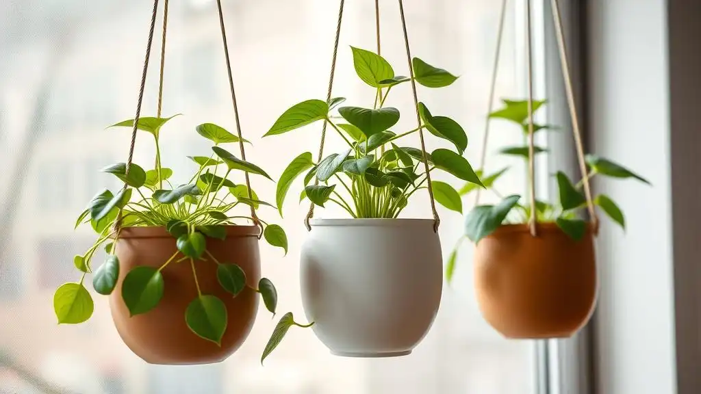 A close-up picture of hanging planters with pothos in them indoors