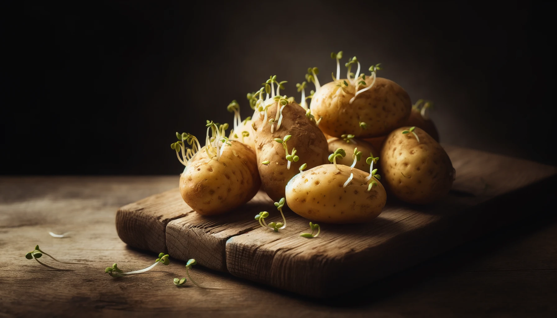 A picture of sprouted potatoes on a wooden chopping board