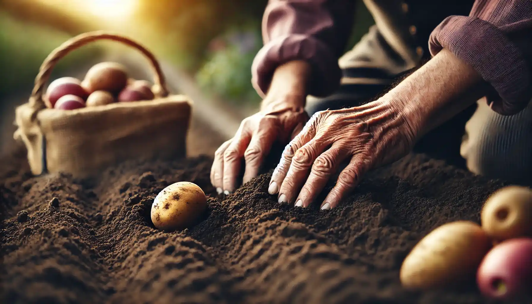 A picture of an elderly lady who is planting potato sprouts in her vegetable garden