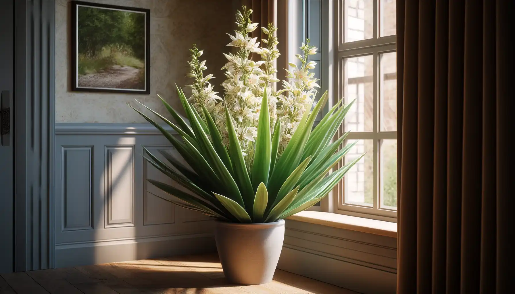 A picture of a flowering yucca plant in the pot located near the window.