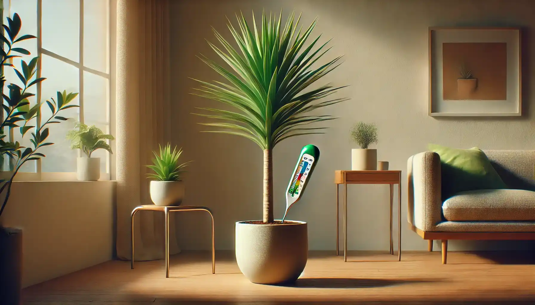 A picture of a yucca located indoors with a plant thermometer in the foreground