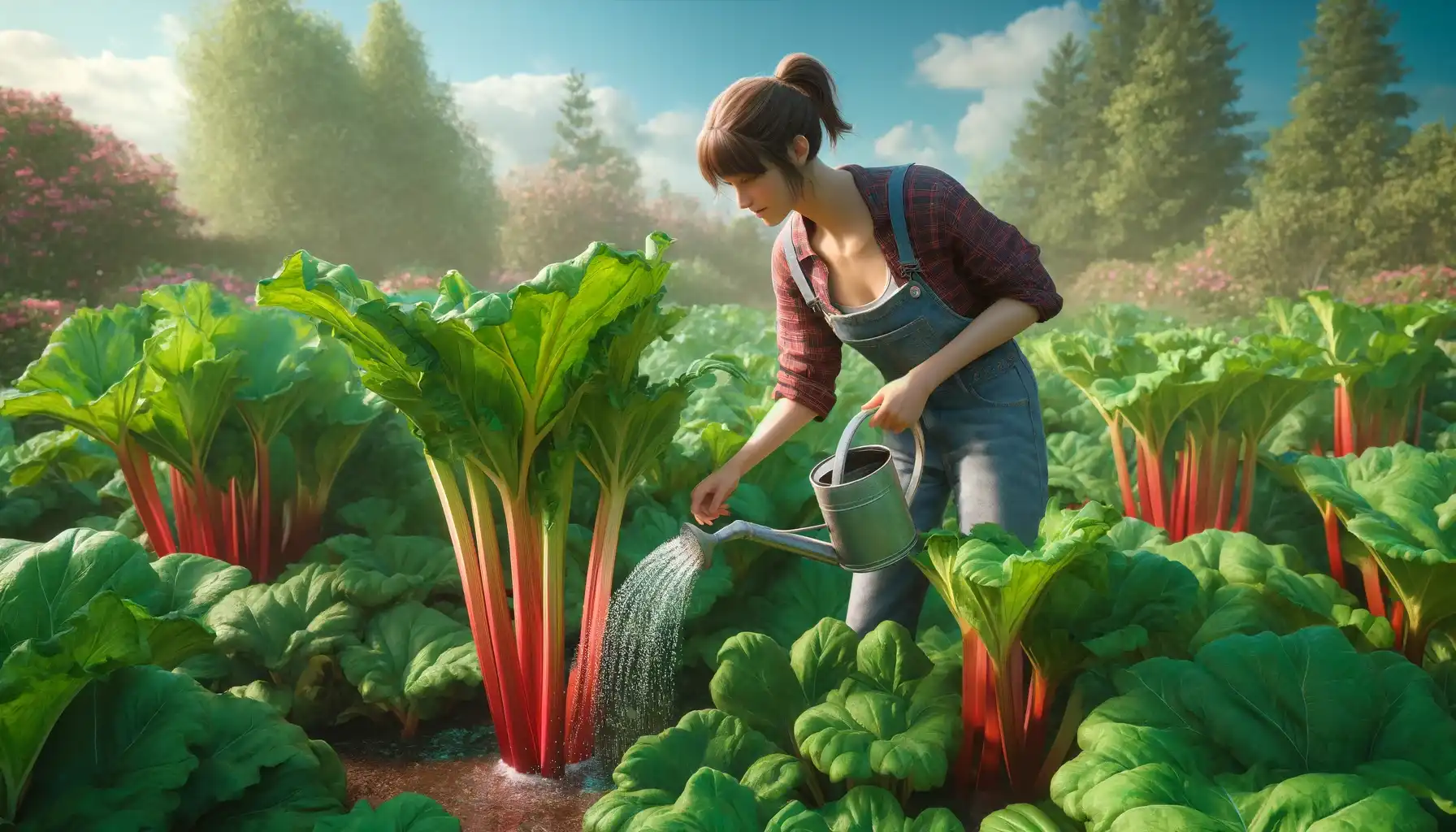 A picture of a young woman watering the rhubarb plants outdoors