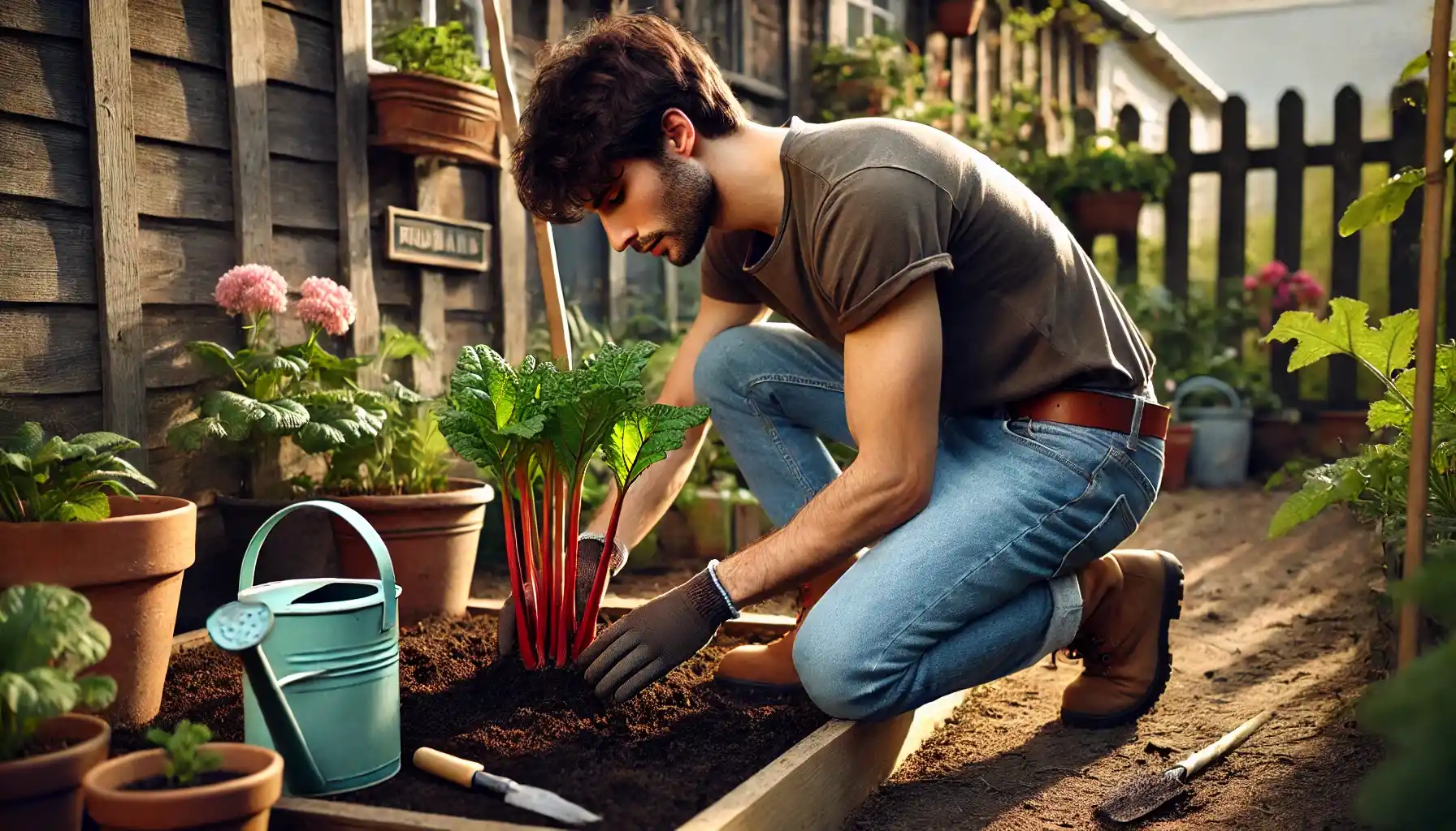 A picture of a young male gardener who is planting rhubarb in his small outdoor yard