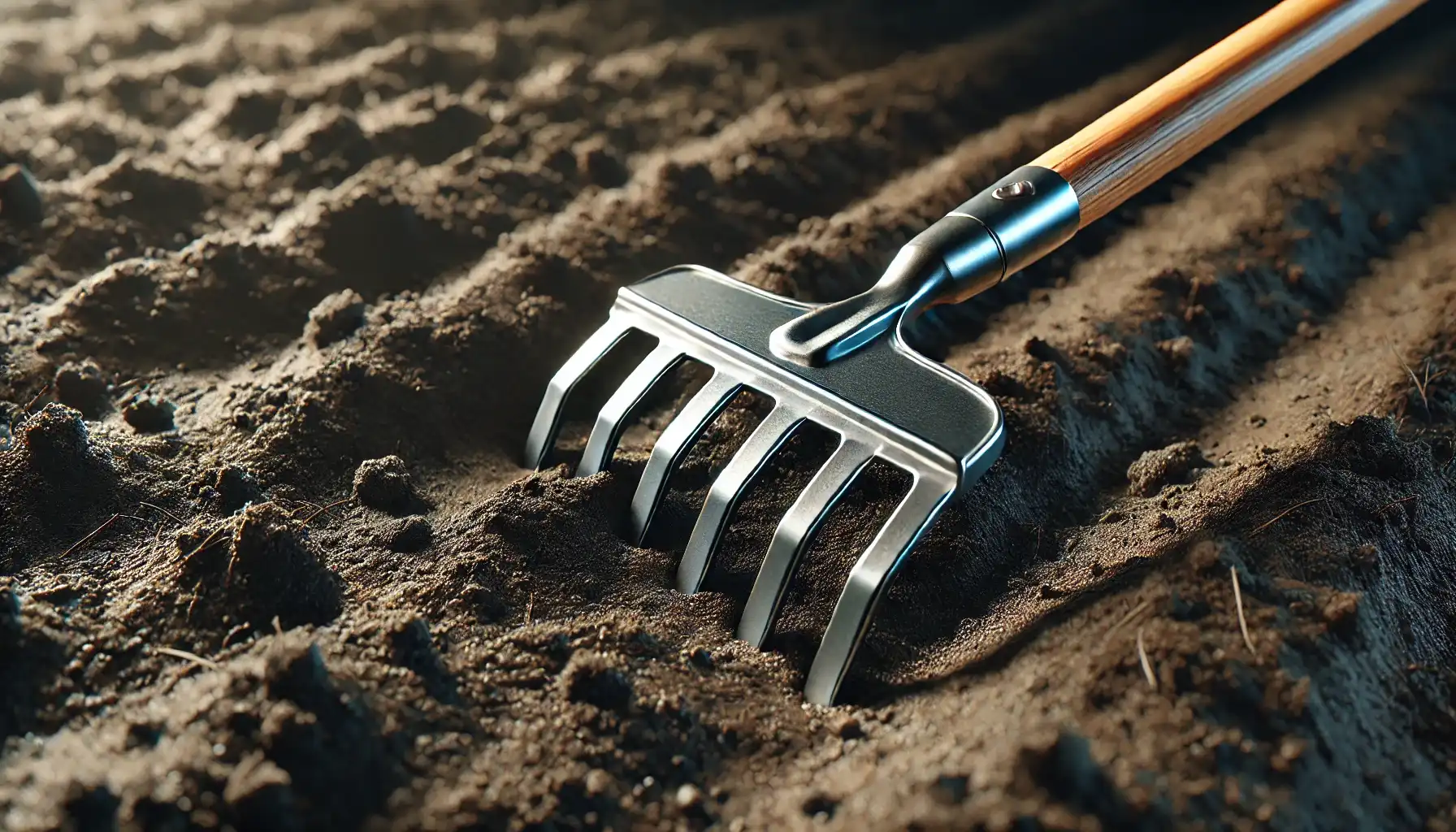 A close-up picture of a rake over the previously dug soil