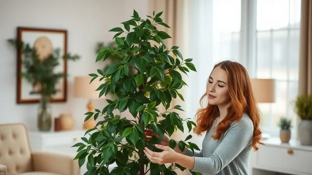 A picture of a young lady taking care of the money tree indoors