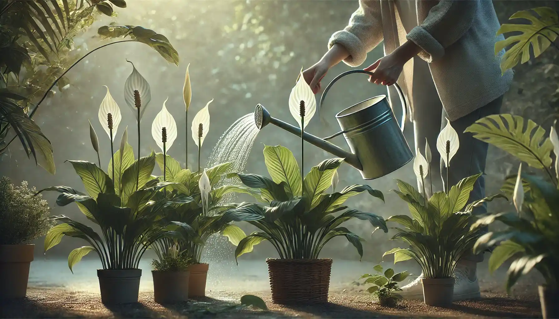 a picture of a woman watering peace lilies with the use of a watering can