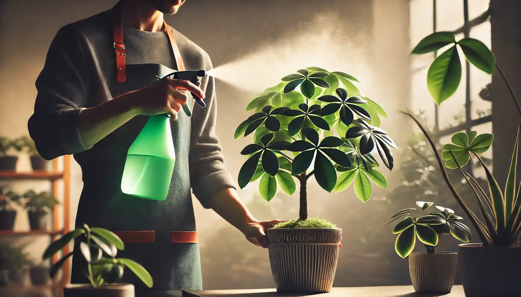 A picture of a gardener who is misting a money tree