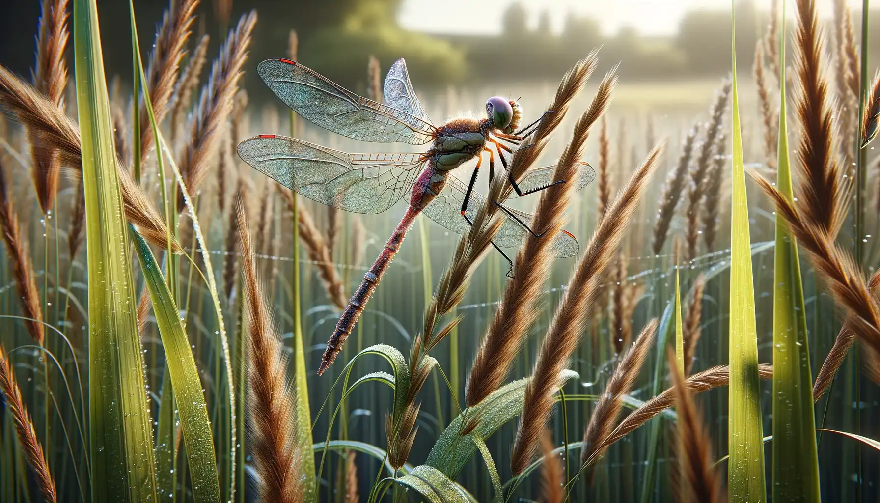 A photo of a dragonfly waiting for its prey to come I on tall grass