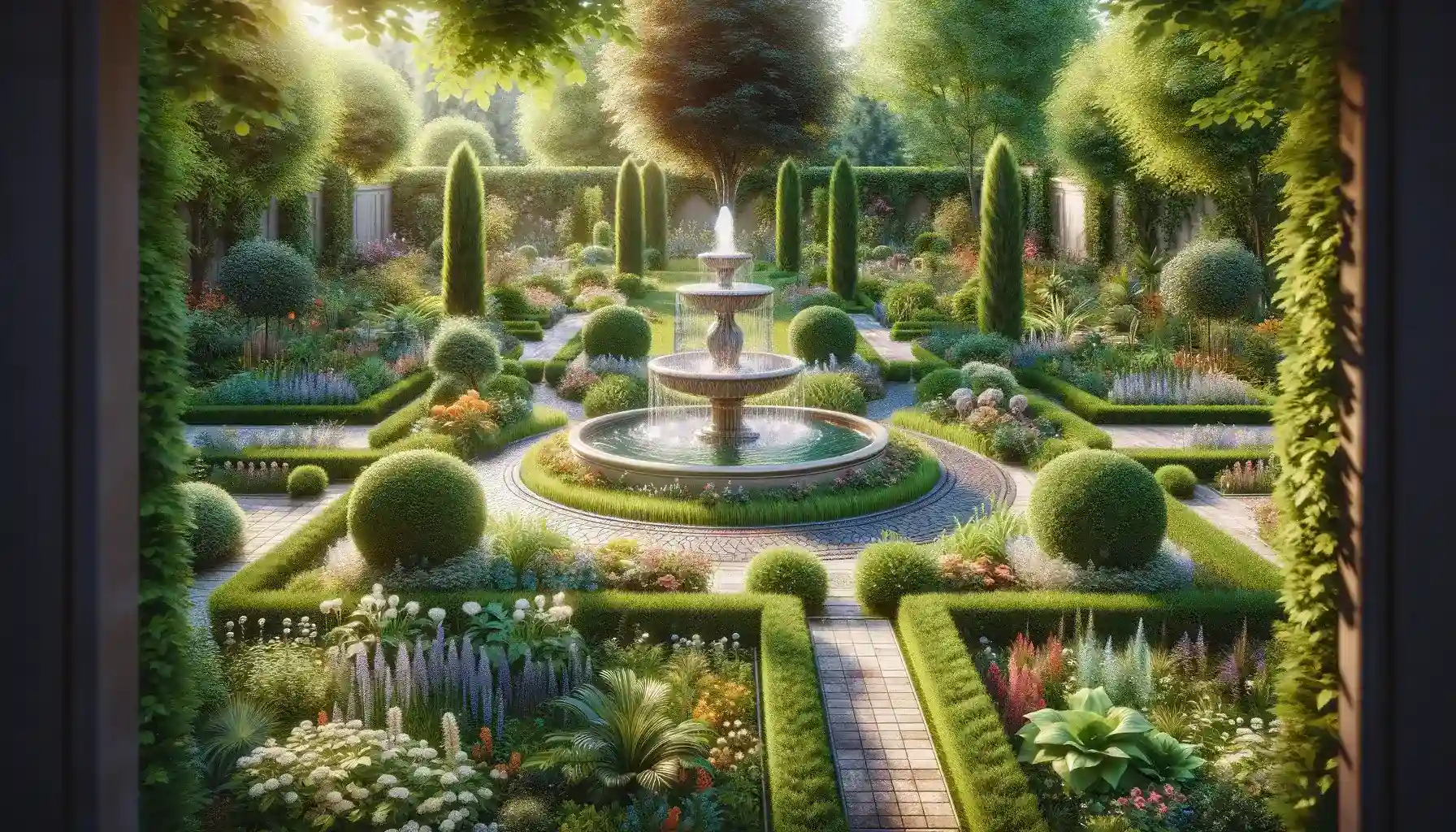 a picture of an ideal garden with a small fountain, a lot of plants around, etc.