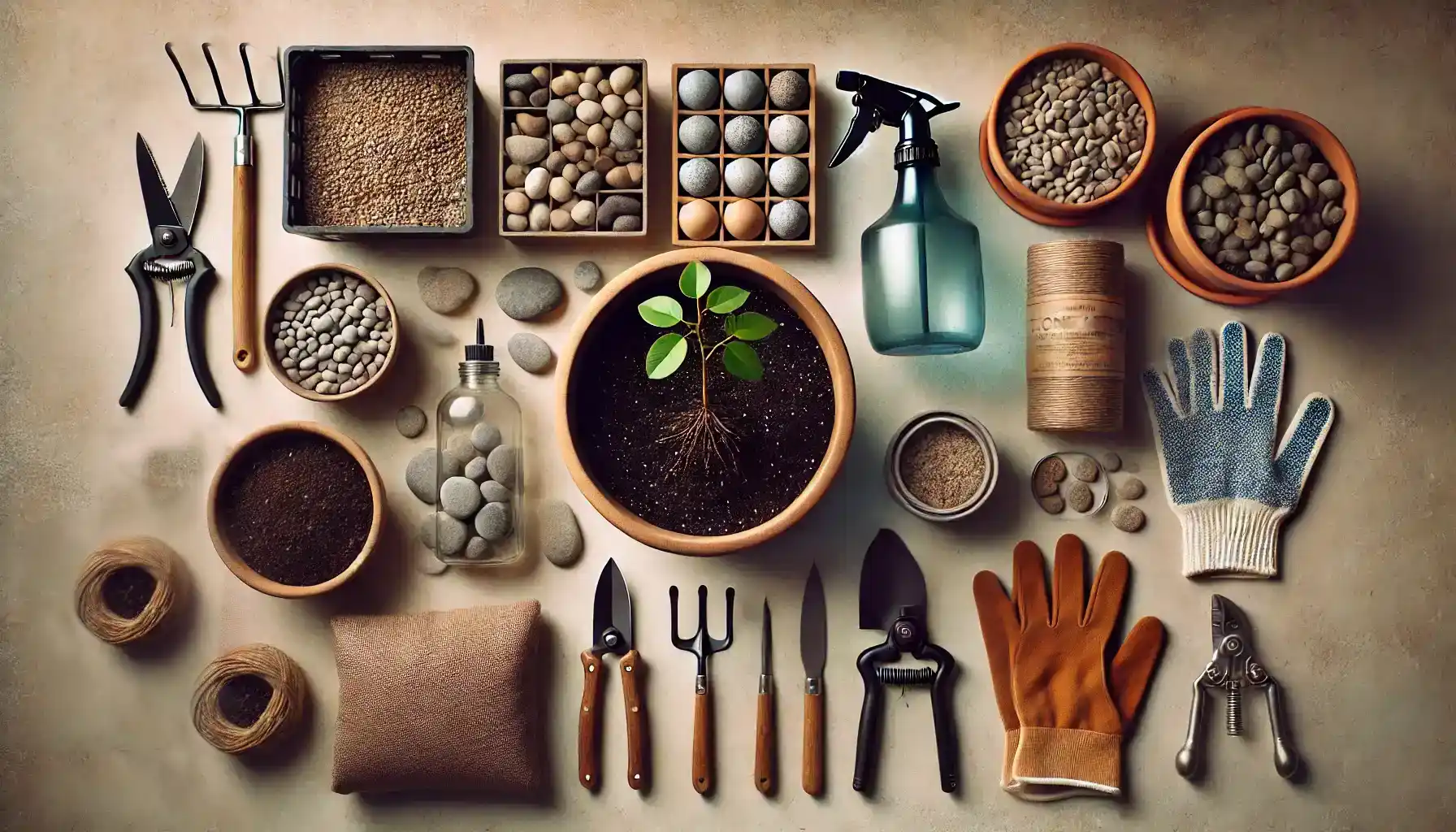 A picture of what people need to repot the Money tree, i.e., a new pot, potting mix, pebbles, gravel, a garden spade, gloves, a spray bottle, and pruning shears.