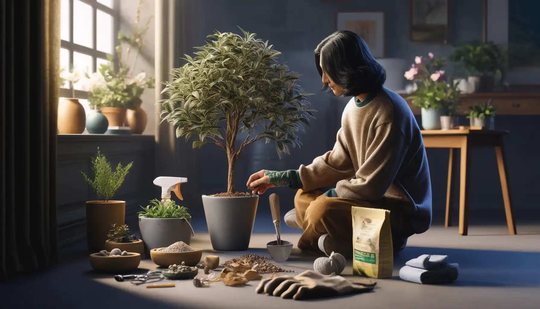 A picture of a gardener who is repotting a Money Tree while at home