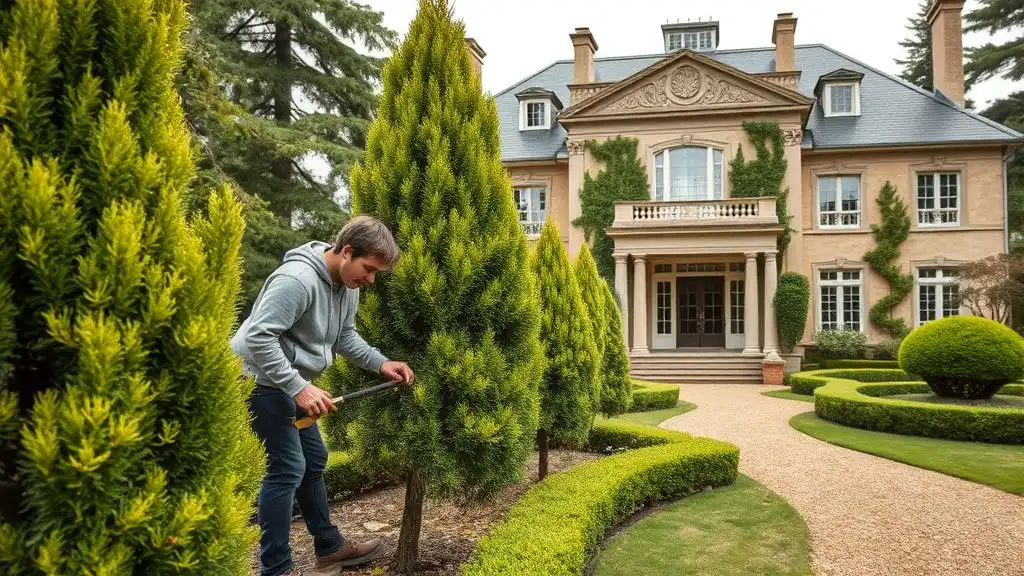 A picture of a young man pruning thujas in his private garden in front of a magnificent house