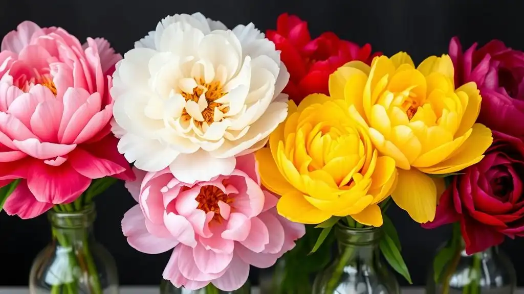 A close-up picture of vases each filled with pink, white, red, yellow, and purple peonies (one color per vase)