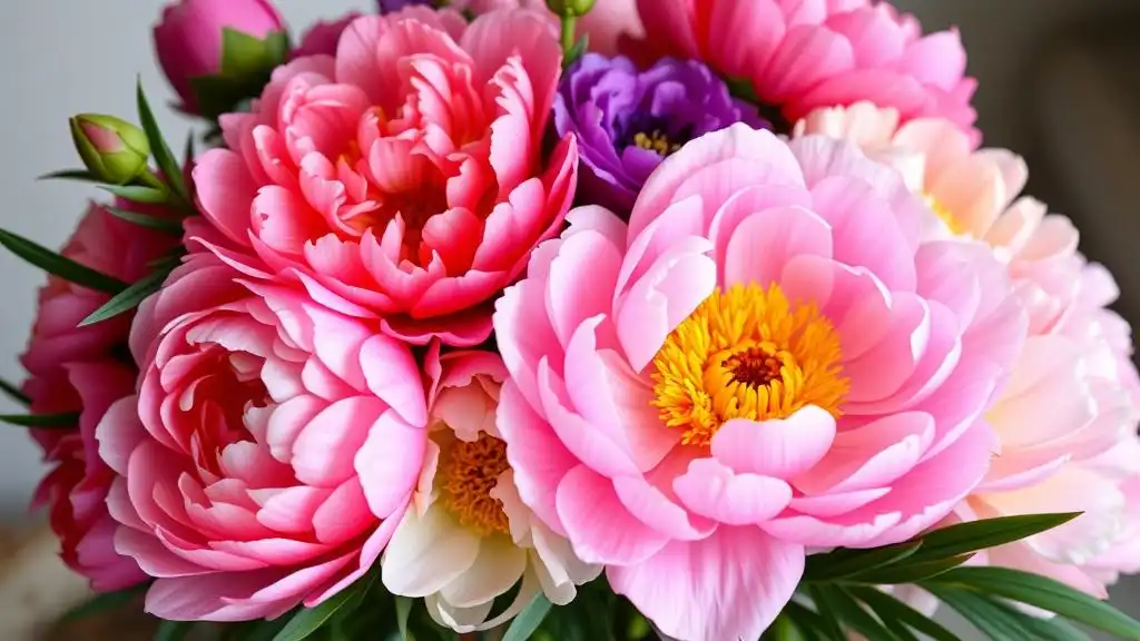 A picture of a bouquet with vibrant peony flowers of various colors