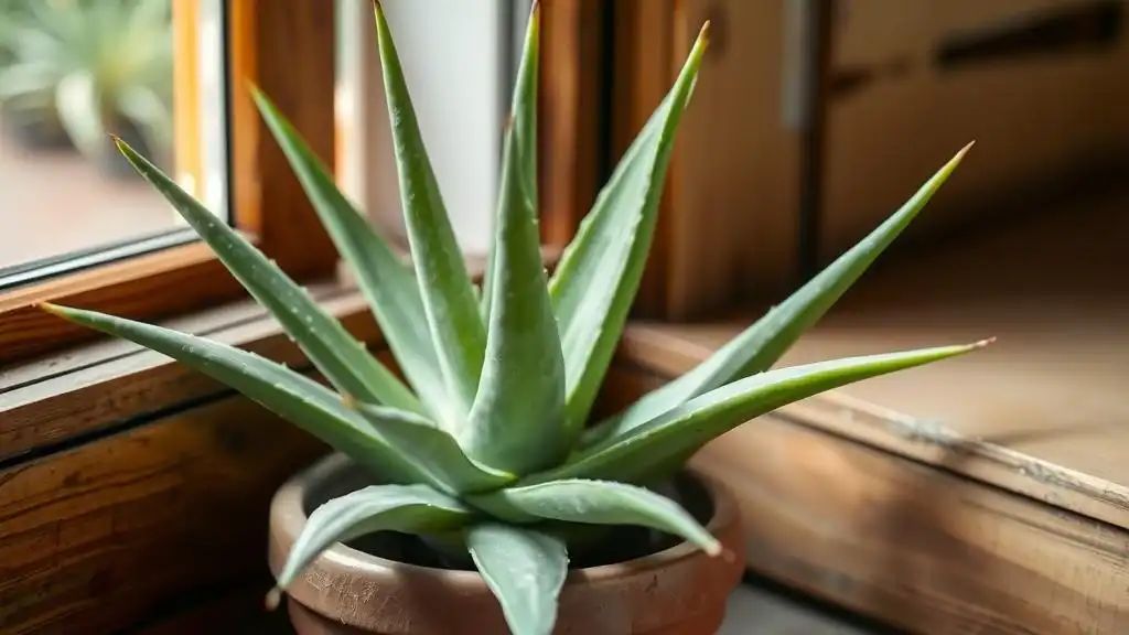 A picture of aloe vera in the pot located near a window