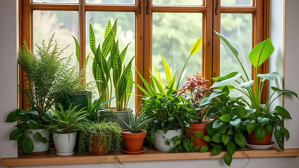 A close-up picture of the houseplants on a windowsill