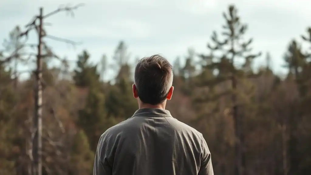 A picture of a man looking at the forest while standing outside