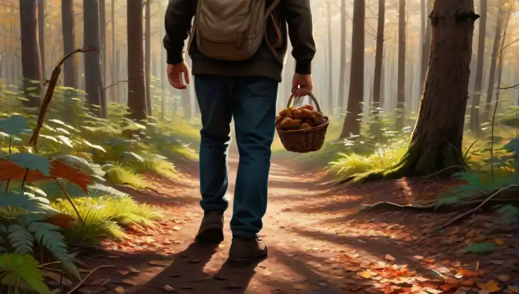 A picture of a mushroom hunter walking through the forest