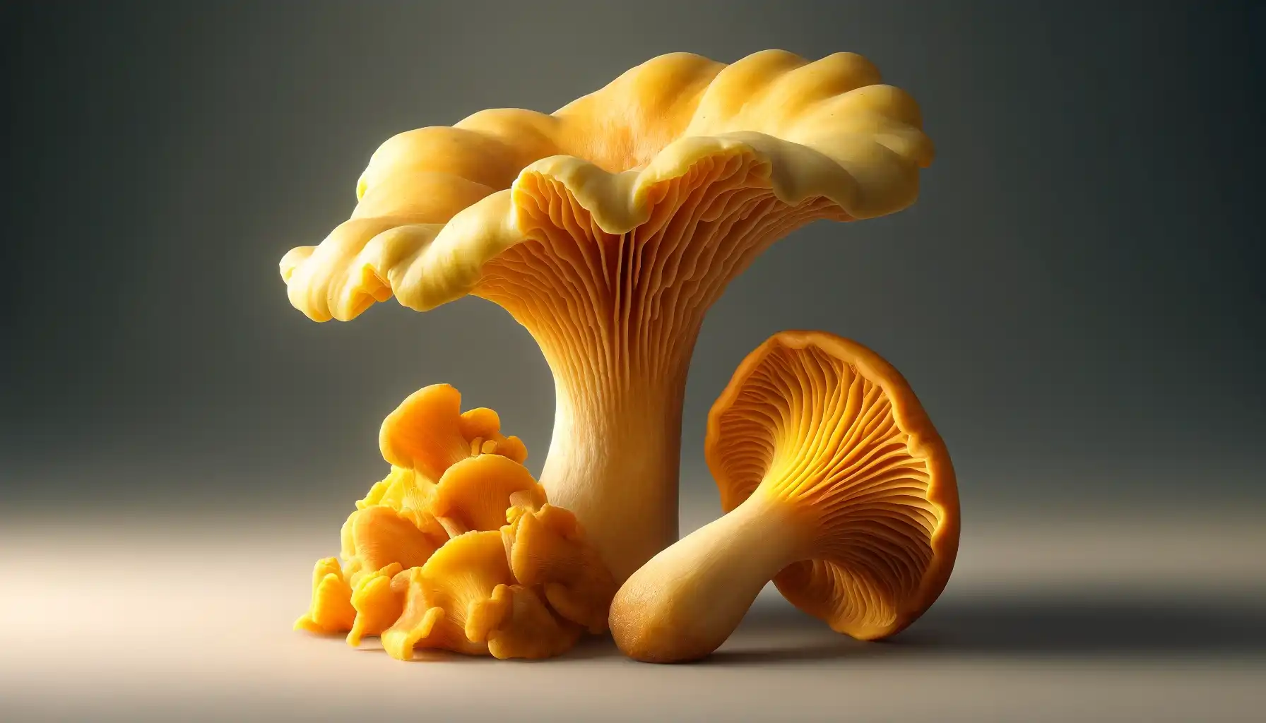 A picture of a true chanterelle and a false chanterelle next to each other to show their differences