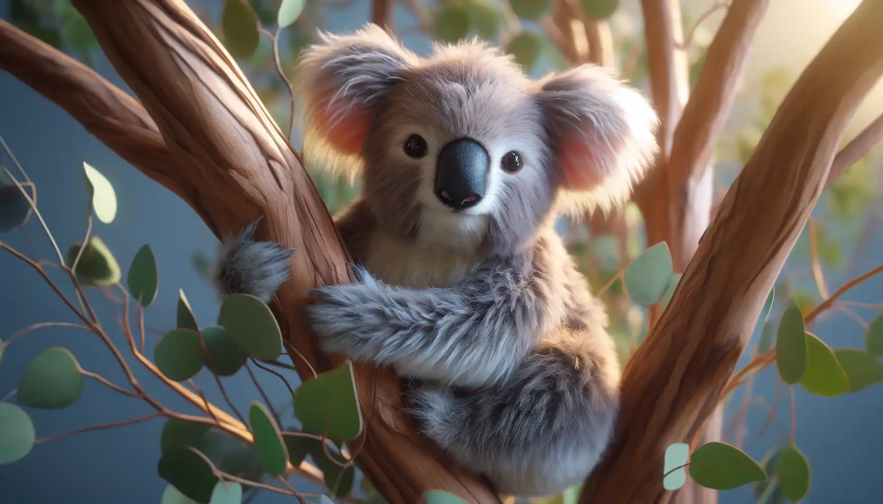 A close-up picture of a koala in a eucalyptus tree