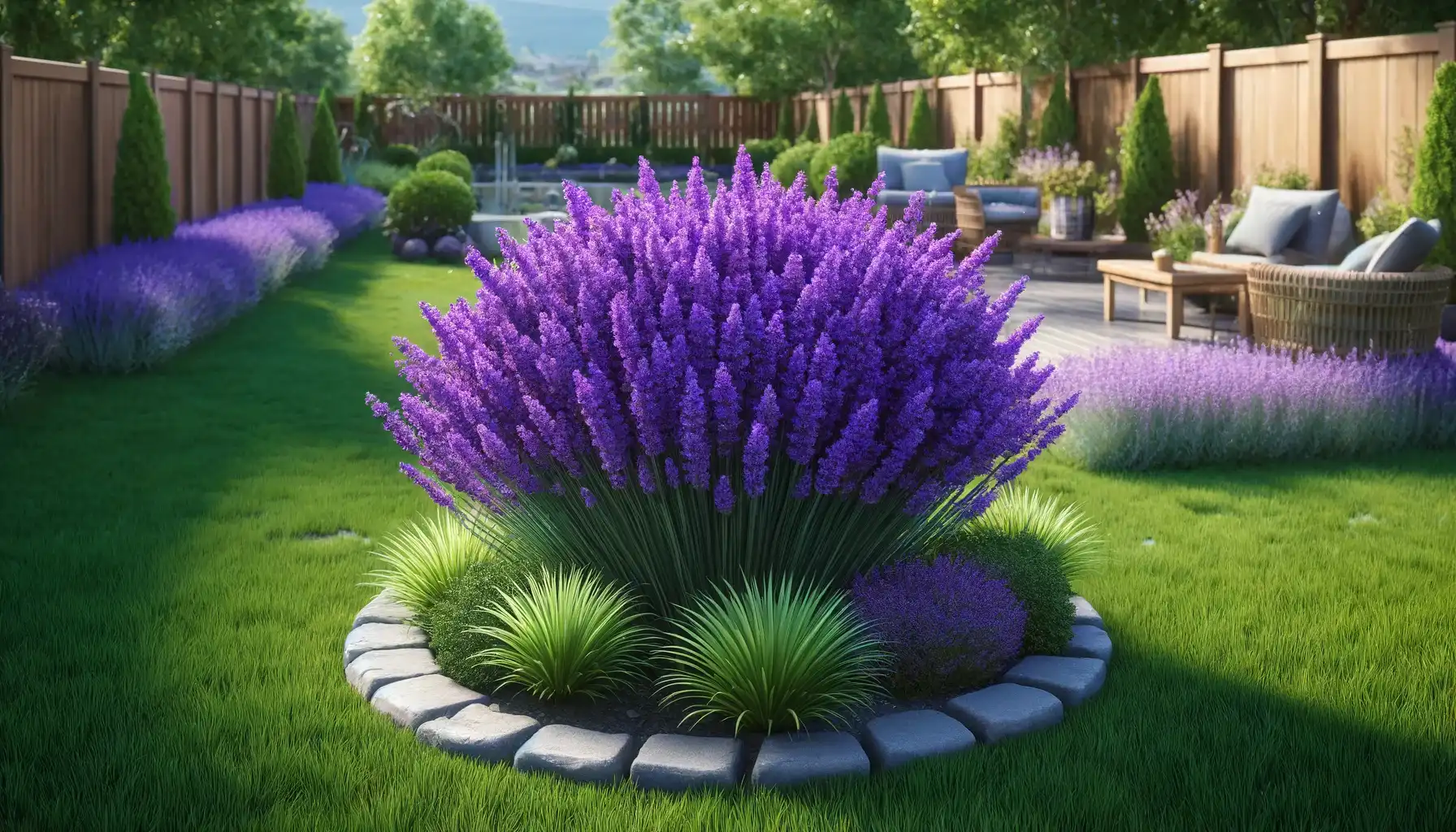 a  picture of a vibrant lavender shrub planted in the private yard