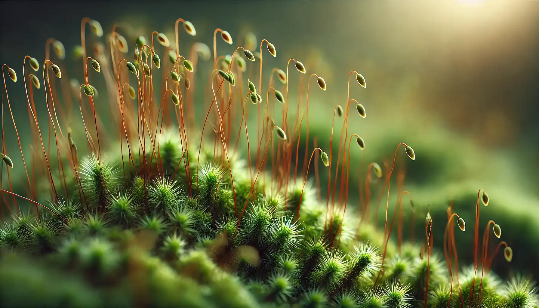 A close-up picture of moss that reveals its intricate structure with delicate stalks and capsules