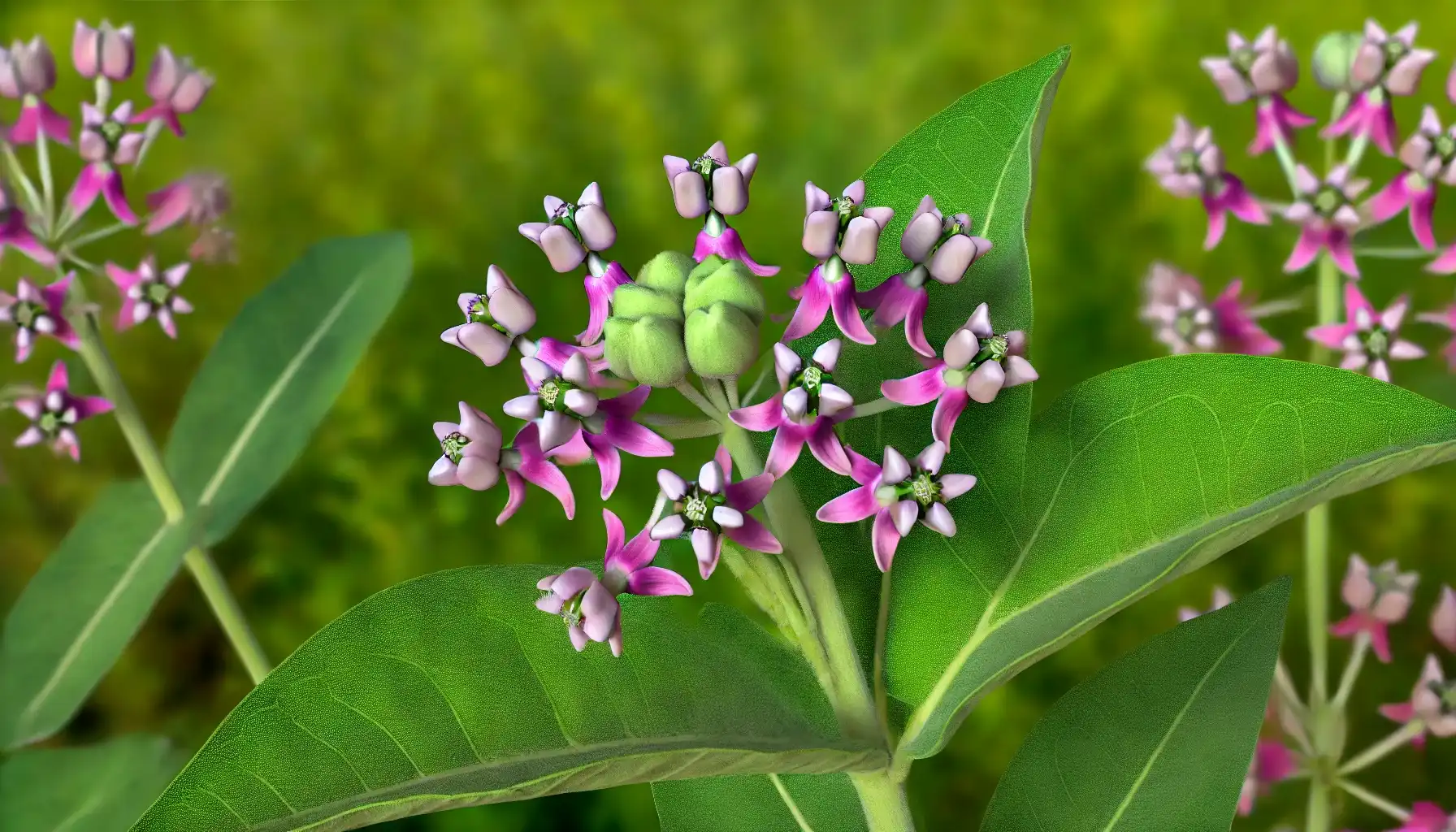 A close-up picture of a milkweed plant with its vibrant small flowers and green foliage in the background