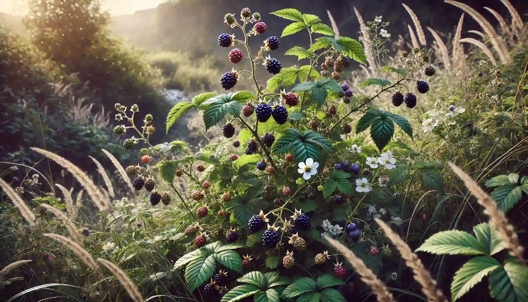 A picture of a blackberry bush in the wild