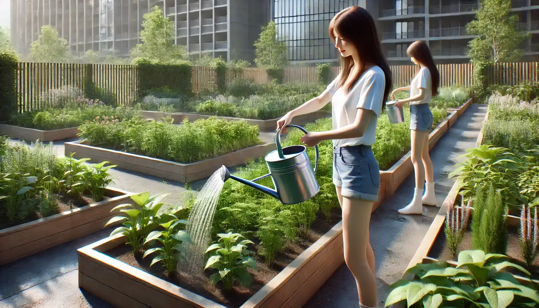 A picture of a young lady watering her plants that are located in raised beds