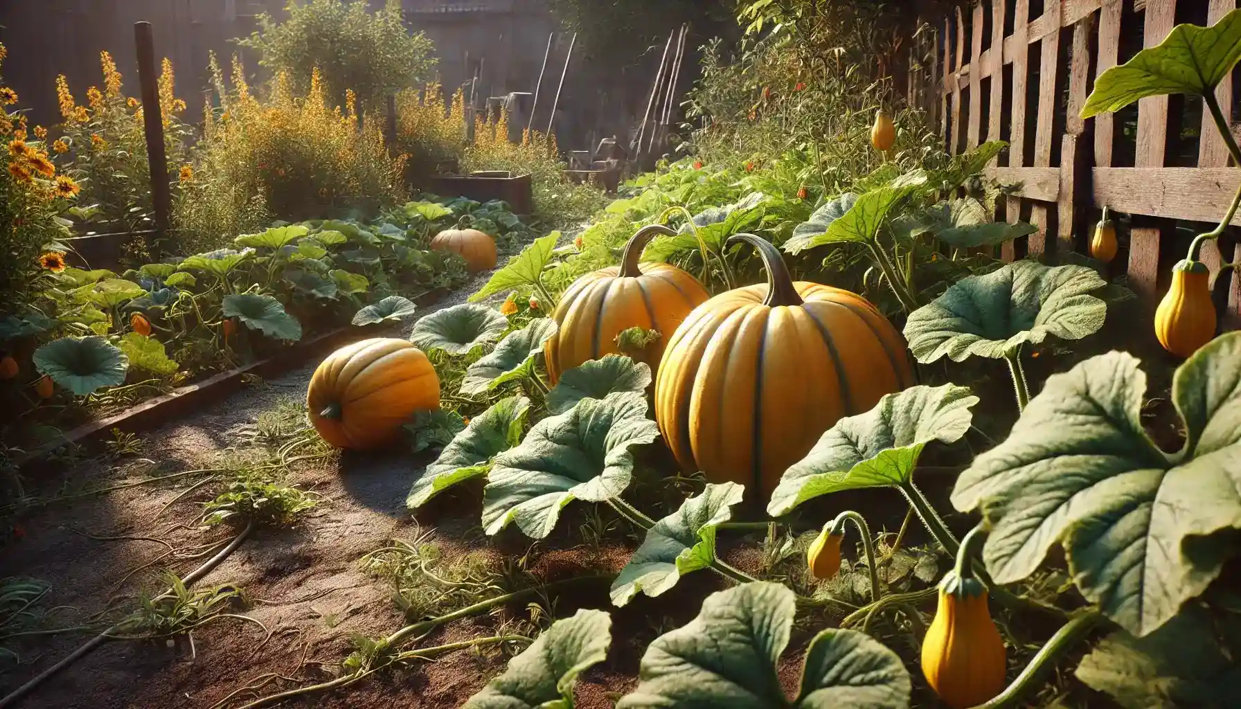 A picture of a vegetable garden with ripe yellow pumpkins grown there