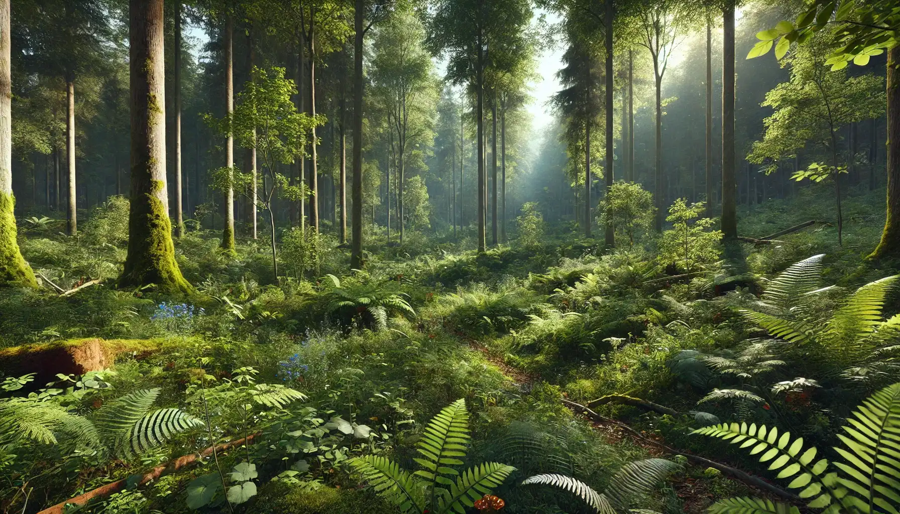 A picture of a dense forest with various plant species