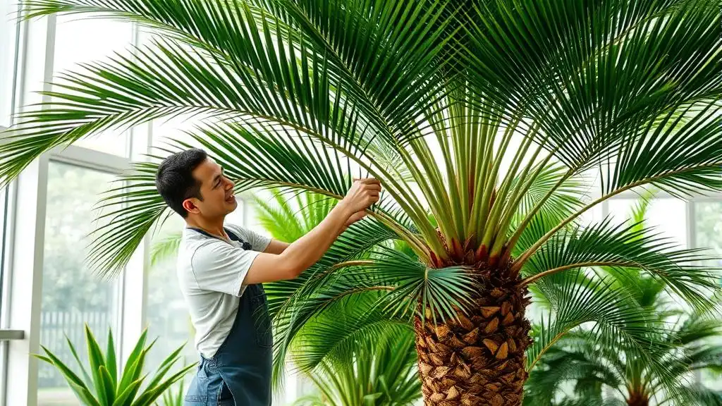 A gardener taking care of a majesty palm tree indoors