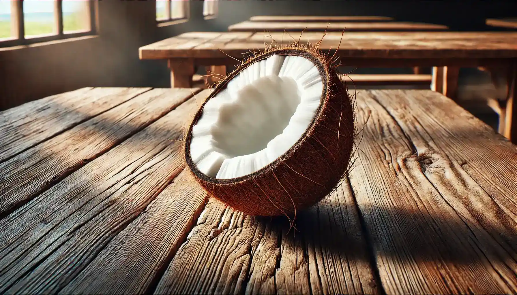 A picture of a cut-open coconut on a wooden table