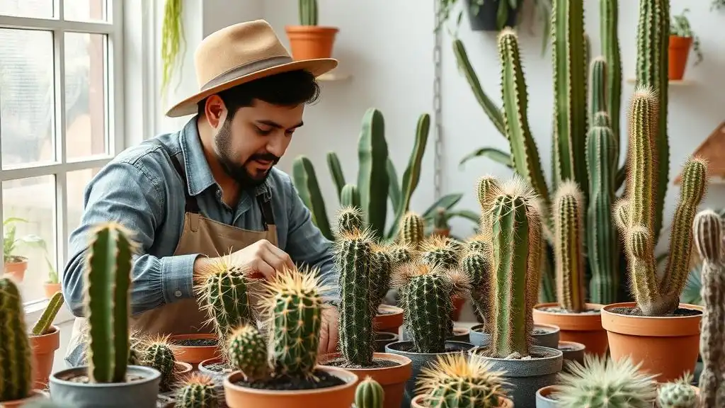 A picture of a gardeners who is taking care of the cacti indoors