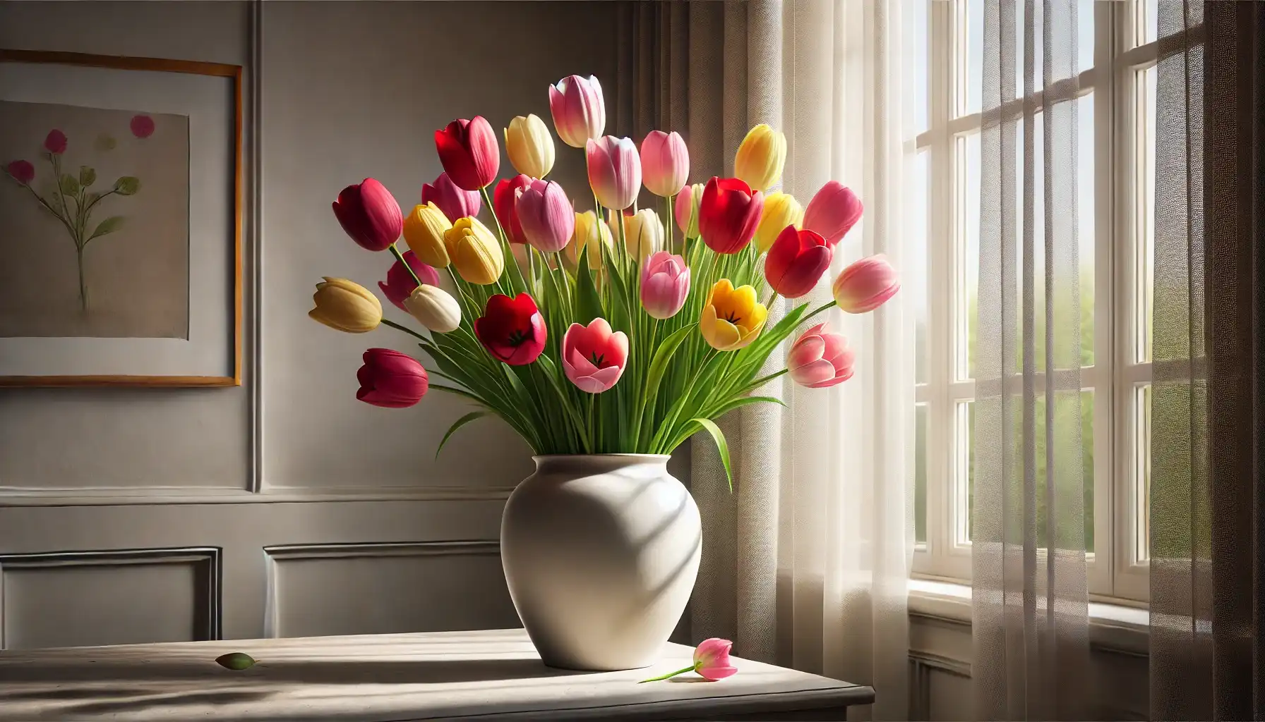 A picture of tulips in a vase located near a window