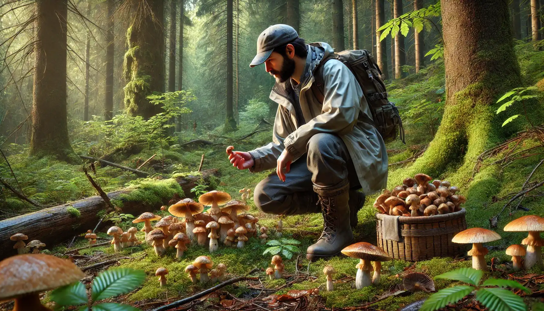 A picture of a mushroom hunter in the forest