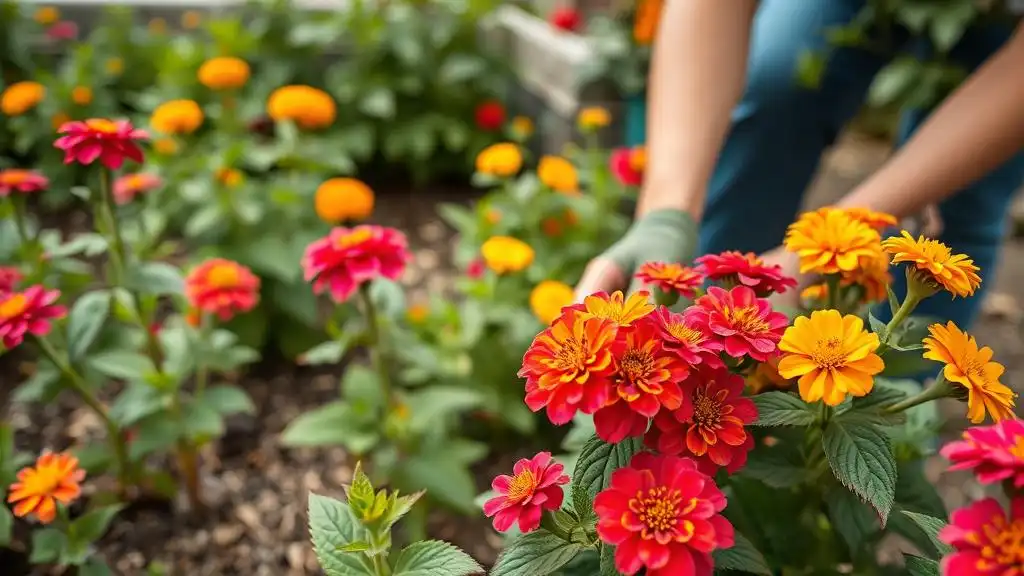 A picture of a young lady planting lantanas in the garden