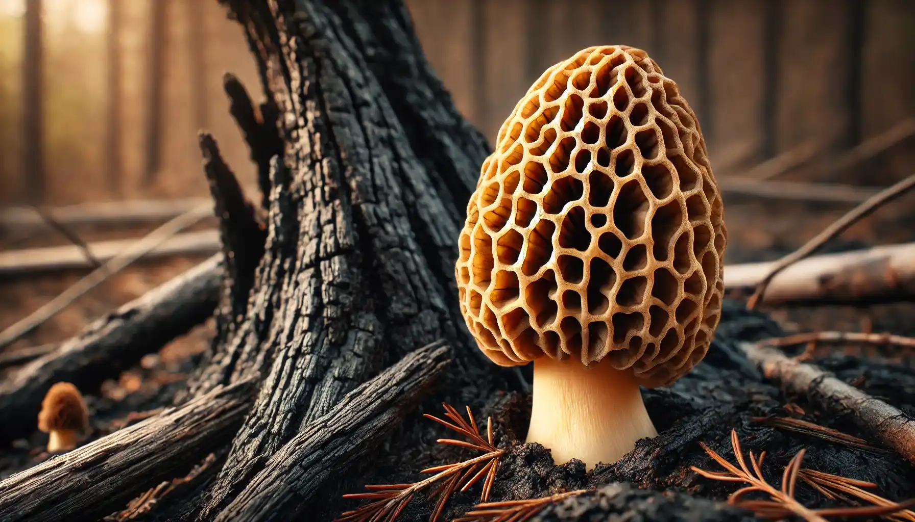 A close-up picture of a morel mushroom located near a burned tree